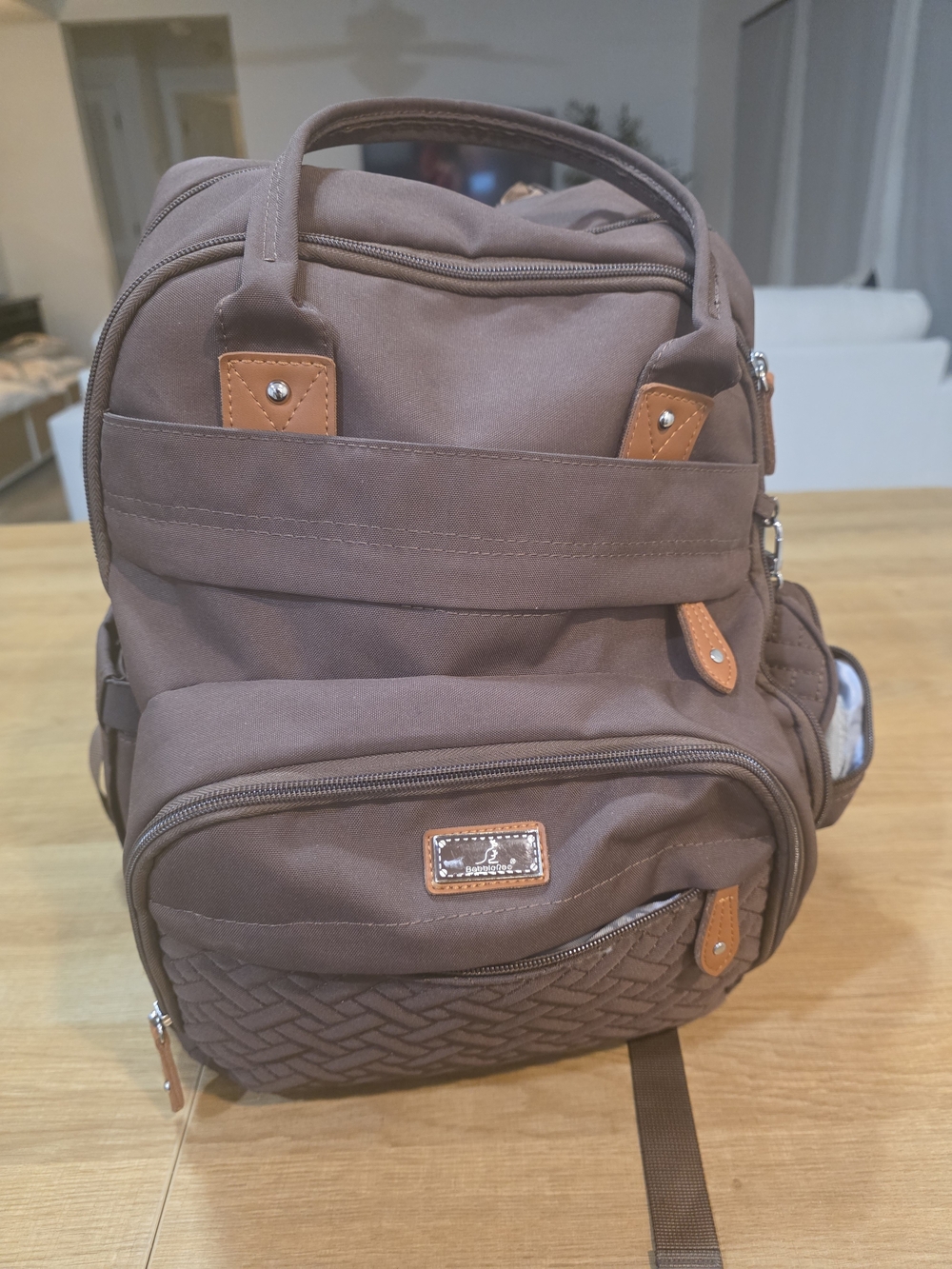 Women's Brown Baby Bag Backpack with Tan Accents